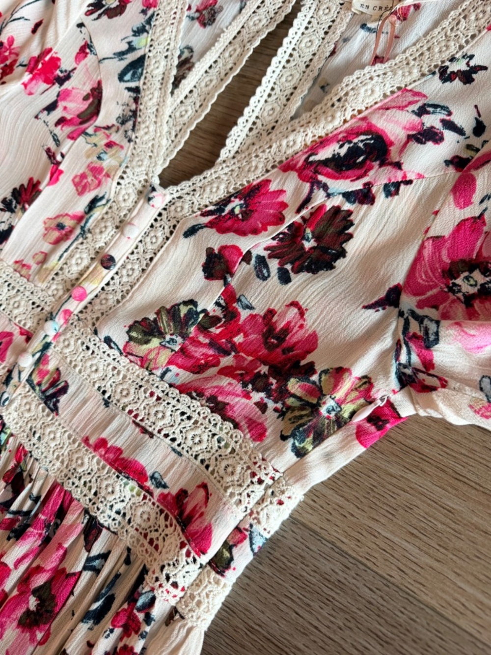 Floral Lace Mini Dress NWT Pink Cream Open Back Long Sleeve Boho Size Small NEW! - Picture 8 of 14